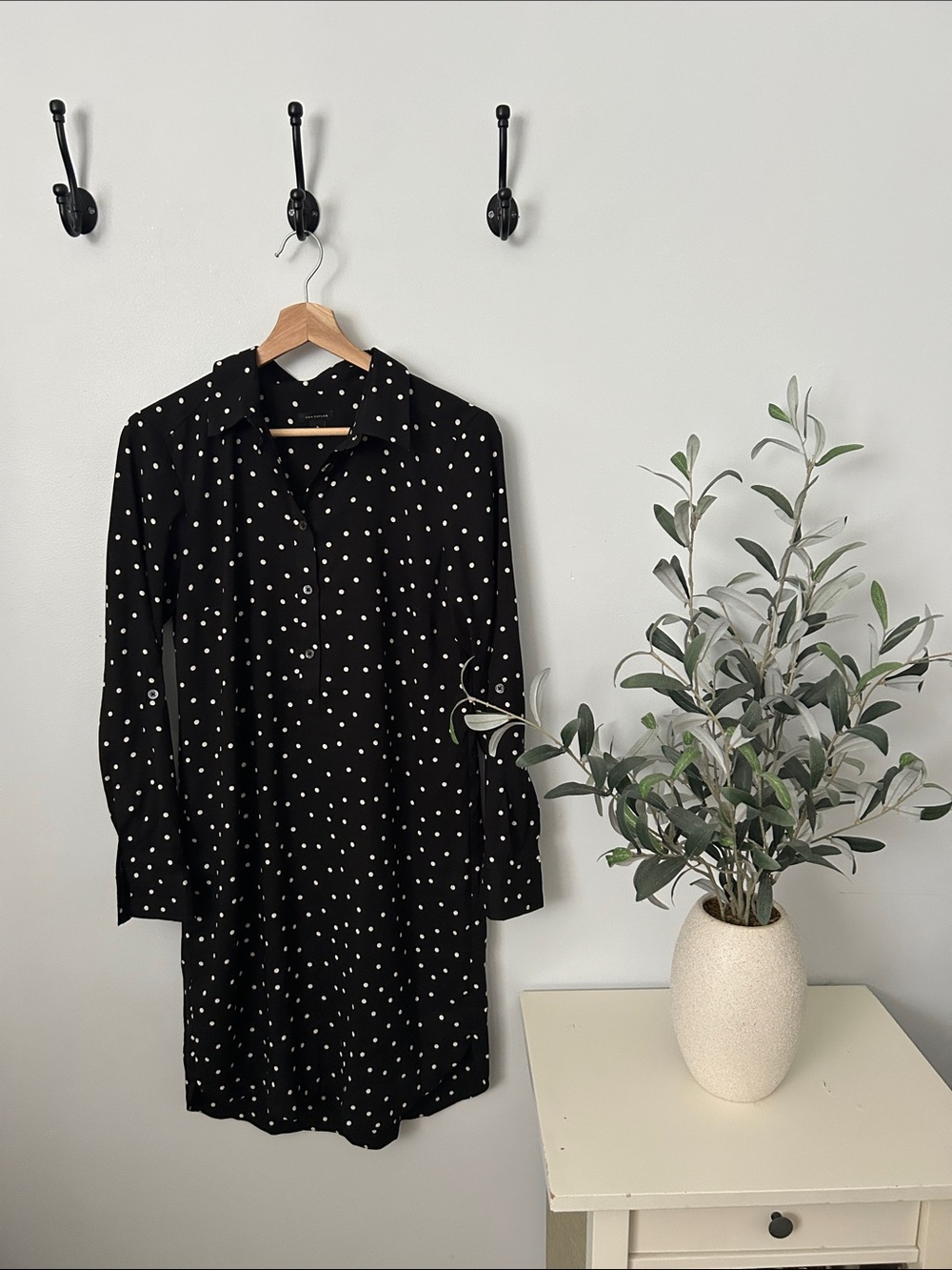 Ann Taylor Black Polka Dot Long Sleeve Shirt Dress